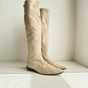 Vintage Espirit Knee High Light Beige Pointy Toe Low Heel Boots 37